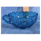L.E. SMITH PRESSED GLASS BLUE HANDLED NAPPY BOWL