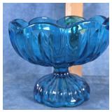 PEACOCK BLUE GLASS COMPOTE PEDESTAL  DISH