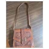 VTG. HAND TOOLED LEATHER SATCHEL WITH BRASS CLASP
