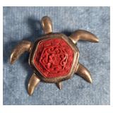 SAJAN STERLING SILVER CARVED RED CINNABAR TURTLE