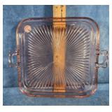 PINK DEPRESSION GLASS TRAY WITH HANDLES 8"