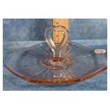 6" PINK DEPRESSION GLASS TIDBIT DISH HEART HANDLE