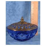 COBALT BLUE CUT TO CLEAR LIDDED CANDY DISH
