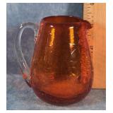 HAND-BLOWN PILGRIM ORANGE CRACKLE GLASS PITCHER