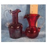 TWO RED & CRANBERRY CRACKLE GLASS SMALL PITCHERS