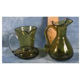 TWO GREEN CRACKLE GLASS SMALL PITCHERS