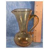 HAND-BLOWN AMBER CRACKLE GLASS PITCHER 5.5'