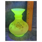 URANIUM GLASS FLORAL VASE SMALL CHIP ON RIM 5'