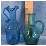TWO BLUE & TURQUOISE CRACKLE GLASS SMALL PITCHERS