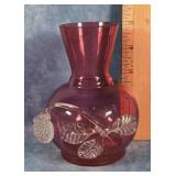 CRANBERRY GLASS VASE W APPLIED CLEAR GLASS