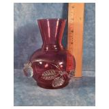 CRANBERRY GLASS VASE W APPLIED CLEAR GLASS
