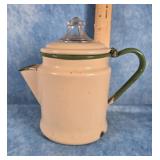 VTG. CREAM & GREEN ENAMELWARE COFFEE POT