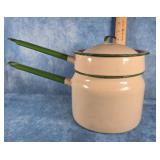 VTG. CREAM & GREEN ENAMELWARE DOUBLE BOILER