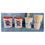 2 PABST BLUE RIBBON BEER CAN KOOZIES & CUPS