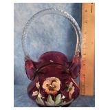 FENTON CRANBERRY PANSY HAND-PAINTED GLASS BASKET