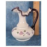 FENTON MILK GLASS PURPLE CREST RUFFLED PITCHER