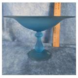 BLUE SATIN GLASS COMPOTE 6.5" TALL