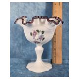 FENTON MILK GLASS PLUM CREST COMPOTE SIGNED 6"