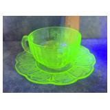URANIUM GLASS TEA CUP & SAUCER JEANETTE GLASS CO.