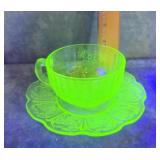 URANIUM GLASS TEA CUP & SAUCER JEANETTE GLASS CO.