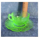 URANIUM GLASS TEA CUP & SAUCER JEANETTE GLASS CO.