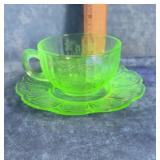 URANIUM GLASS TEA CUP & SAUCER JEANETTE GLASS CO.