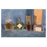 LOT OF 4 CLEAR GLASS PERFUME BOTTLES FULL