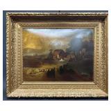 Painting on Board Depicting Lakeside Town, Unsigned, Antique, Nice Original Gold Frame