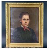 Antique Portrait Painting on Canvas of Young Boy, Unsigned, Nice Original Gold Frame, 24.5"x20.5"