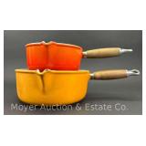 (2) Le Creuset Enameled Cast Iron Sauce Pans, Wood Handles, 6"-8"w