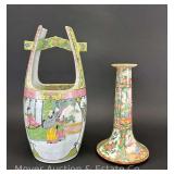 Oriental Style Porcelain Basket and Candlestick, 8" and 11"h