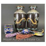 Pair of Cloisonné Vases with Matchbox and Pendants, Vases are 6.5"h