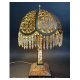 Metal Table Lamp with all Glass Prisms, Floral Cutout, Fabric Lined Shade, 26"h