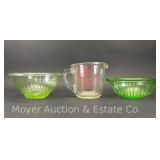 (2) Green Depression Glass Bowls with Pyrex Measuring Cup