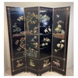 Vintage Black Lacquer Chinese Style 4 Section Room Divider, Carved/Hand Painted Detailing