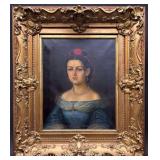 Antique Portrait Painting on Canvas of Young Woman, Unsigned, Nice Original Gold Frame, with Light