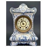 Antique Waterbury Ceramic Mantle Clock, Hand Painted Royal Delft Style, 12"h x 7"w
