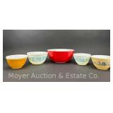 (5) Pyrex Mixing Bowls, Amish Butterprint, Primary Colors, Etc., 401, 402, and 404