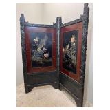 Antique Chinese Style 2 Section Room Divider, Mother of Pearl Inlay, Hand Painted and Carved Detail