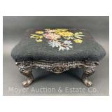 Antique Needlepoint Footstool, Iron Base, 15"w x 9"h
