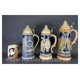 (3) Large Beer Steins with Other Mug, 5"-15"h