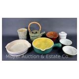 Group of Hall Dishes, Pottery Teapot, Butter Bell, Roseville OH Crock, Etc.