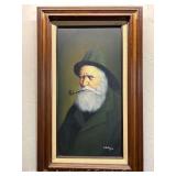 Painting on Canvas Depicting Old Man Smoking Pipe, Artist Signed, Framed, 31"x19" Overall