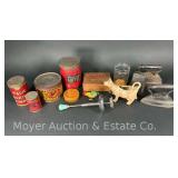 Vintage Advertising Tins, Sad Irons, Cow Bell, Etc.