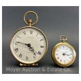 (2) Pocket Watch Style Desk Clocks, Bulova and Hamilton, 3" and 5"h