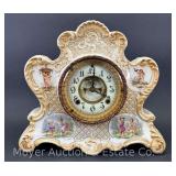 Antique Ansonia Porcelain Mantle Clock, Hand Painted, 14"w x 12"h