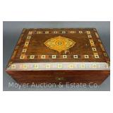 Portable Writing Desk with Inkwells and Key, Inlaid Top, Antique, 11"x7.5"x4.5"h