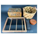 Carved Wood Boxes, Spoon Rack and Woven Basket