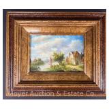Landscape Painting on Board Depicting European Lakeside Town, Artist Signed, Framed, 10.5"x12.5"
