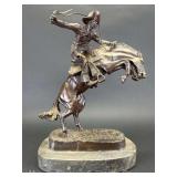 Bronze Statue of Cowboy and Horse, on Marble Base, 13.5"h